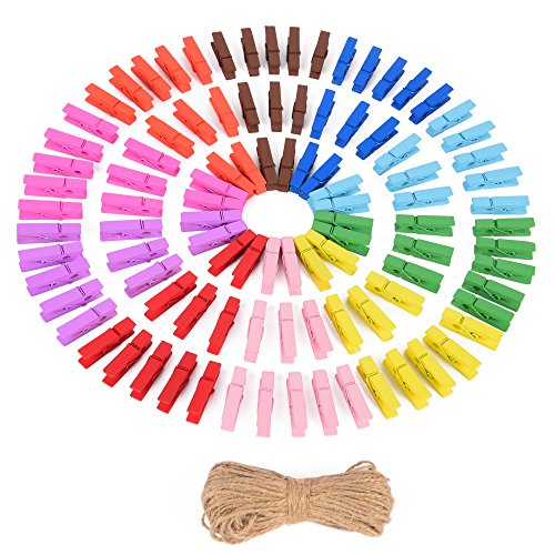 100 pinzas de ropa mini, de East-West Trading; de 10 colores diferentes, con 20 m cuerda de yute, pinzas de madera con fines decorativos para manualidades, scrapbooking, y mucho más