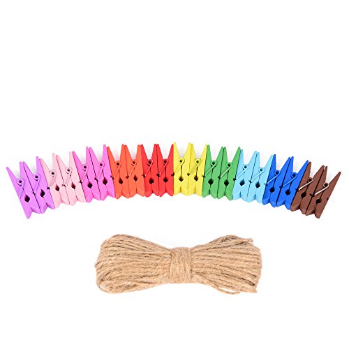 100 pinzas de ropa mini, de East-West Trading; de 10 colores diferentes, con 20 m cuerda de yute, pinzas de madera con fines decorativos para manualidades, scrapbooking, y mucho más