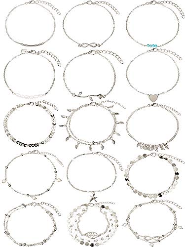 15 Piezas de Tobillera Boho Pulseras de Cadena de Tobillo Ajustable Tobillera de Playa Conjunto de Bisutería de Pies para Mujeres Chicas (Estilo Plateado 1)