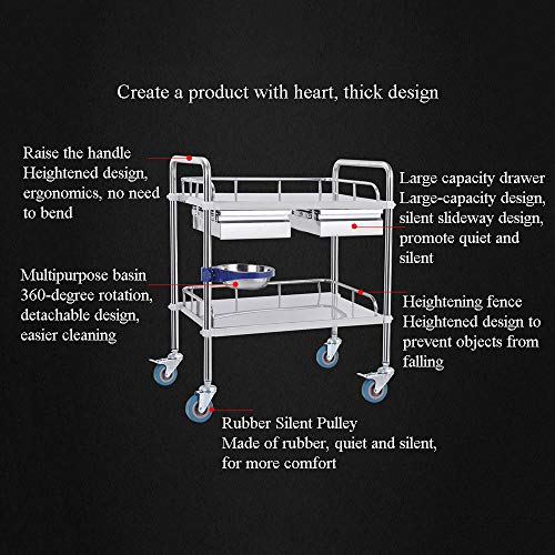 2 niveles Carro de salón de belleza de acero inoxidable con doble cajón y lavabo multiusos,Carro multifuncional para equipos de belleza de enfermería,Bastidor de carro ensamblable