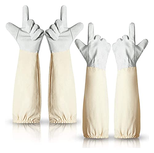 2 pares Guantes de apicultura de cuero de piel de cabra gruesos con lienzos largos Mangas protectoras Puños elásticos Ventilados Guantes protegidos Guantes de apicultura Guanteletes para apicultores P