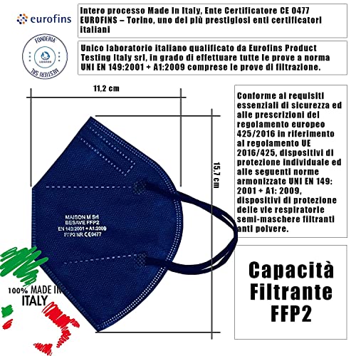 20 Mascarillas FFP2/KN95 Colores Noche Azul Homologadas Certificación CE de 5 Capas, Máscara Protectora, Mascarilla de Protección Personal con Filtros de Calidad BFE≥95, 20 Piezas - Made in Italy