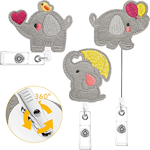 3 Carretes de Insignia de Enfermera Elefante Soporte de Insignia de Fieltro con Forma de Elefante Retráctil Carrete de Insignias de Nombre de Identificación con Pinza de Cocodrilo Giratoria