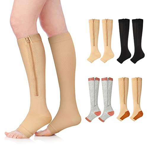 Calcetines de compresión (grandes y altos 3XL) con puntera abierta, hasta  la rodilla, cremallera, soporte para piernas de pantorrilla, calcetines