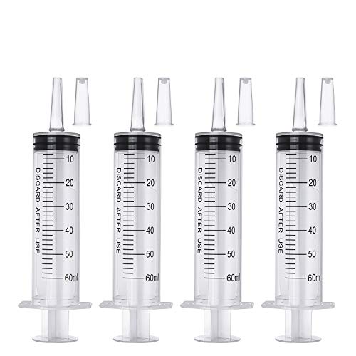 4 pcs Jeringa 60ml, jeringa plástico con tapón Cierre estéril sin Aguja, jeringa dosificadora para Laboratorios, medición y dispensación líquidos,Uso Industrial,alimentación Animal,riego Plantas