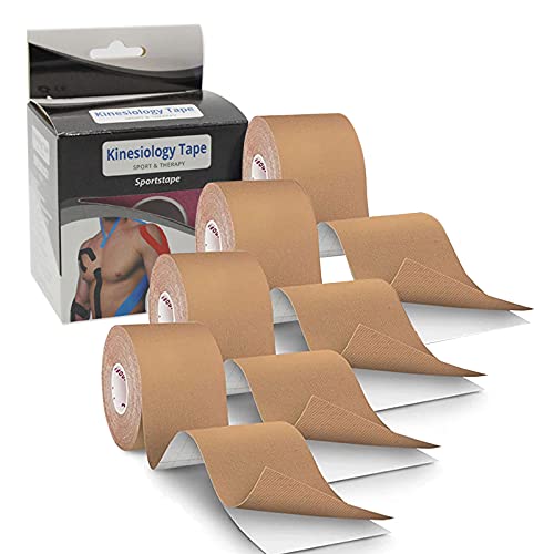 4 Rollos Cinta Kinesiología Tape 5 m x 5 cm Venda neuromuscular Adhesiva Alivio Dolor Muscular, Elásticas, Impermeable, Vendaje kinesiológico para Protección Deportiva Skin Color