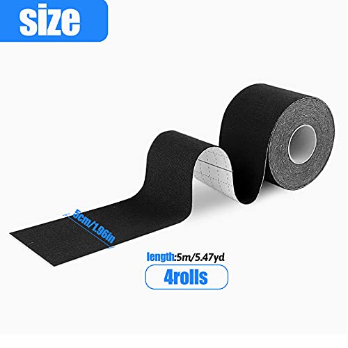 4 Rollos Cinta Kinesiología Tape 5 m x 5 cm Venda neuromuscular Adhesiva Alivio Dolor Muscular, Elásticas, Impermeable, Vendaje kinesiológico para Protección Deportiva Black