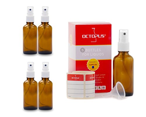 5 botellas de vidrio marrón de 50 ml con pulverizador manual, mini embudo + etiquetas identificativas, botella de spray con protección UV, botellas de pulverización con rociador de bombeo, p. ej. para