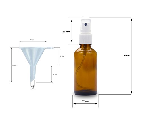 5 botellas de vidrio marrón de 50 ml con pulverizador manual, mini embudo + etiquetas identificativas, botella de spray con protección UV, botellas de pulverización con rociador de bombeo, p. ej. para