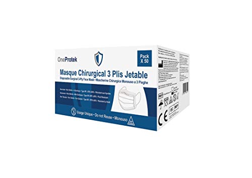 50 Mascarillas quirúrgicas homologadas desechables OneProtek - Tipo 2R IIR 3 capas de filtración - EN 14683 BFE ≥ 98% - Cómodas, transpirables y elásticas resistentes