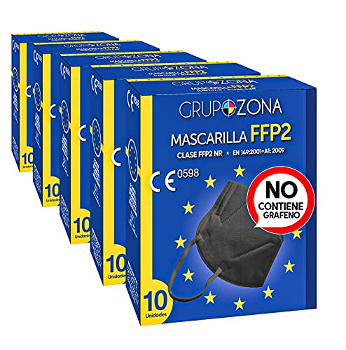 50 uds. Mascarillas Negras FFP2 NR homologadas CE 0598, filtrado de 5 capas - GrupoZona - Mascarilla protección negra - Envío rápido