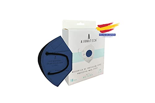 A AIRNATECH Mascarillas FFP2 Azul pack de 10 unidades. Marcado CE0161 Homologadas - Normativa EN149: 2001+A1: 2009 - 5 Capas de 95% Filtración - Mascarilla ffp2 protección respiratoria