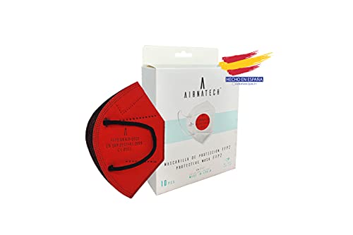 A AIRNATECH Mascarillas FFP2 Roja pack de 10 unidades. Marcado CE0161 Homologadas - Normativa EN149: 2001+A1: 2009 - 5 Capas de 95% Filtración - Mascarilla ffp2 protección respiratoria