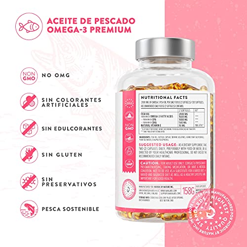 AAVALABS Omega 3 2000mg por dosis diaria (2 cápsulas) - 1000mg de EPA + 500mg de DHA por dosis diaria - Ácidos Grasos de Alta Potencia - Destilado Molecularmente - 120 Cápsulas - 60 días de suministro