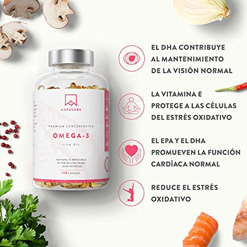 AAVALABS Omega 3 2000mg por dosis diaria (2 cápsulas) - 1000mg de EPA + 500mg de DHA por dosis diaria - Ácidos Grasos de Alta Potencia - Destilado Molecularmente - 120 Cápsulas - 60 días de suministro