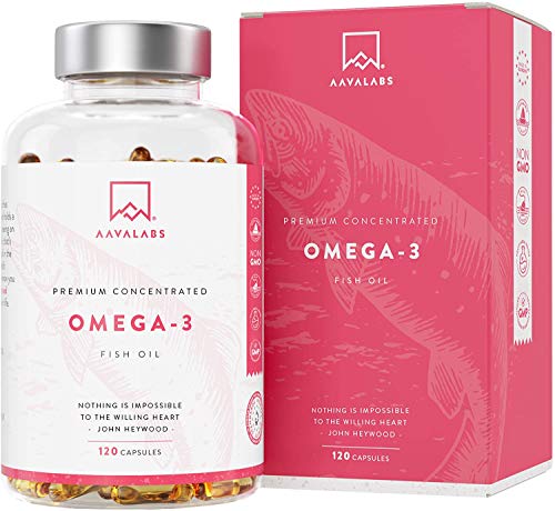 AAVALABS Omega 3 2000mg por dosis diaria (2 cápsulas) - 1000mg de EPA + 500mg de DHA por dosis diaria - Ácidos Grasos de Alta Potencia - Destilado Molecularmente - 120 Cápsulas - 60 días de suministro