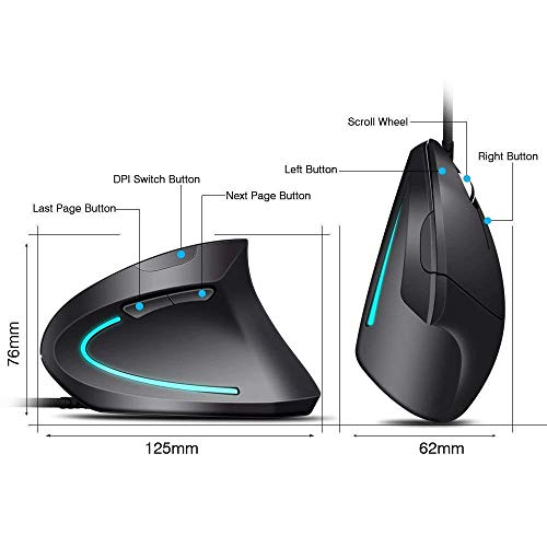 Abauoat Ratón con Cable Ratón Vertical,Ratón ergonómico Mouse Color Iluminado 4 dpi Ajustables, 6 Botones Prevención de Codo Enfermedad del ratón Protege Especialmente el Brazo