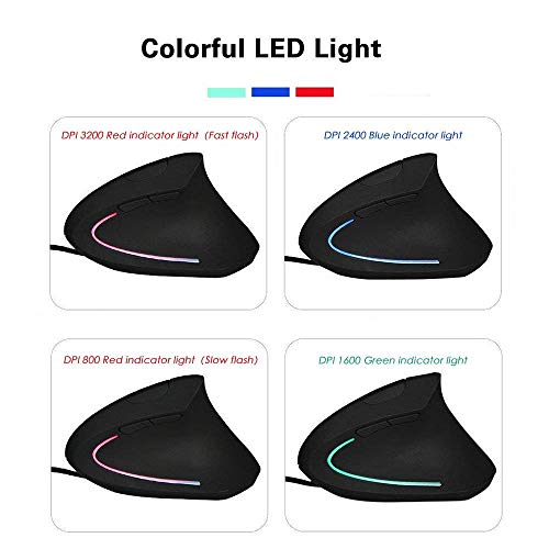 Abauoat Ratón con Cable Ratón Vertical,Ratón ergonómico Mouse Color Iluminado 4 dpi Ajustables, 6 Botones Prevención de Codo Enfermedad del ratón Protege Especialmente el Brazo