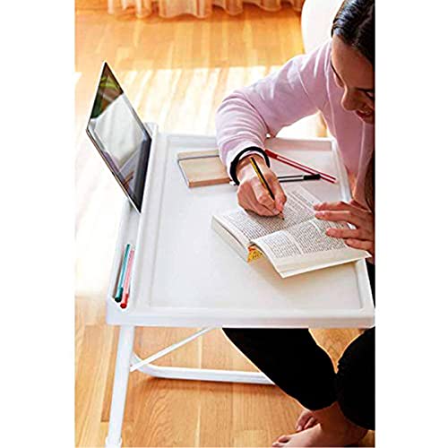 Acan Mesa Auxiliar Plegable Ajustable con Ranura para Tablets, Regulable en Altura e inclinación. Multifuncional, Ideal para para Dibujar, desayunar en la Cama. (Blanco)