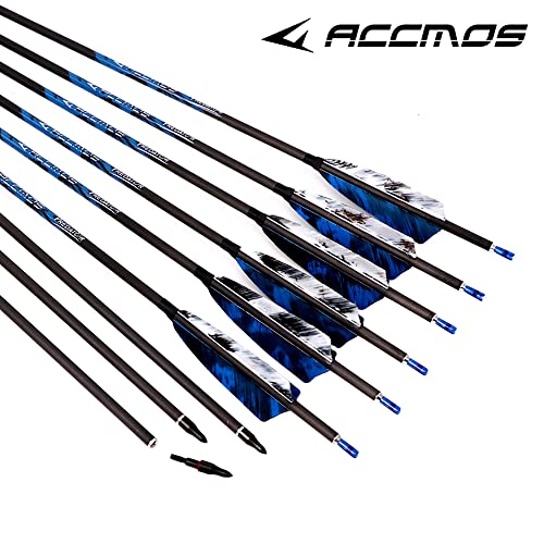 ACCMOS 12 pzs 28-33 Pulgadas Flecha de Carbono Spine 250 300 340 400 500 600 700 800 ID 6,2 mm 4" Pluma de Pavo de Camo Flechas de Caza, para Arco y Flecha Tiroteo (Spine 700, 29inch)