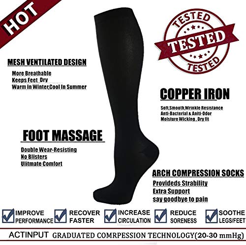 ACTINPUT 7 Pares Calcetines de compresión para Mujeres y Hombres 20-25 mmHg es el Mejor atlético, Correr,Escalar Montaña,Vuelo, Viajes, Enfermeras, Edema