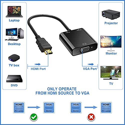 Adaptador HDMI a VGA, HDMI a VGA (Macho a Hembra) 1080P Convertidor con Audio y Mirco USB Cable de Carga para PC, Portátiles, HDTV, Proyectores, PS4/3 Xbox y Otros Dispositivos HDMI