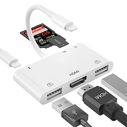 Adaptador HDMI OTG, Hub USB HDMI, 6 en 1 Lighting a HDMI Digital AV Convertidor, Lector de Tarjetas TF SD, Adaptador de Cámara USB, Compatible con Phone, Pad, Soporte de Teclado MIDI,Mouse,Proyector