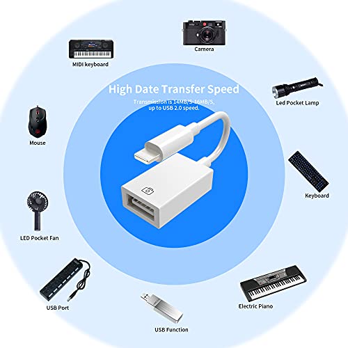 Adaptador Lighting a USB, Adaptador OTG Cable de sincronización de Datos Compatible con Phone/Pad, Hubs de Soporte,Teclado Midi, Mouse,Lector de Tarjetas,Adaptador USB Ethernet, iOS 9.2 a 13 (Blanco)