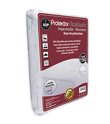 ADP Home - Protector de Colchón Acolchado Impermeable y Resistente con Base de Poliuretano, 100% Microfibra de Tacto Pluma Extra Suave y Transpirable - Medidas Completas (Cama de 150)