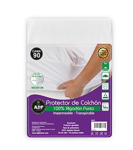 ADP Home - Protector de colchón Tejido Punto Algodón Natural Impermeable y Absorbente con Base de Poliuretano, Tacto Extra Suave y Transpirable - Medidas Completas (Cama de 90)