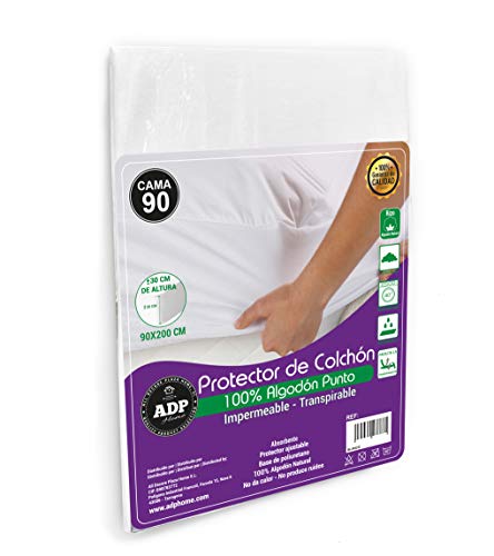 ADP Home - Protector de colchón Tejido Punto Algodón Natural Impermeable y Absorbente con Base de Poliuretano, Tacto Extra Suave y Transpirable - Medidas Completas (Cama de 90)