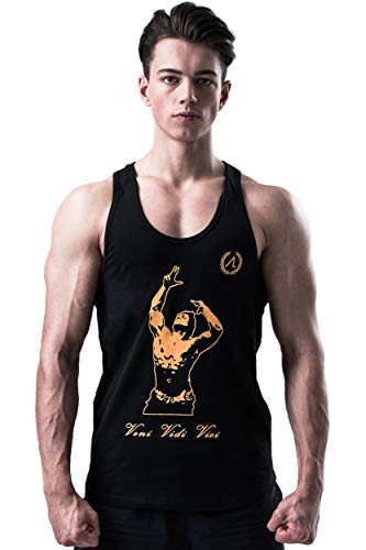 AESTHETIC LEGACY Camiseta de tirantes prémium Zyzz Veni VIDI VICI para hombre, ajustada, perfecta para culturismo, entrenamiento de fitness, deportes, entrenamiento y gimnasio Negro L