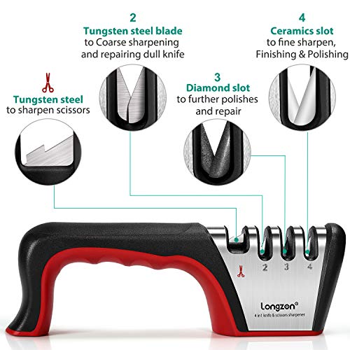 Afilador de Cuchillos, longzon 4 en 1 Afilador de Cuchillos Profesional Premium Original ayuda a Reparar, Restaurar y Pulir los Cuchillos y con los Guantes Antideslizantes, para Cuchillos y Tijeras