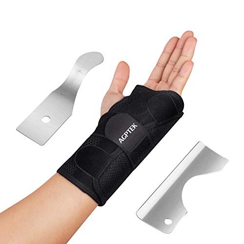 AGPTEK Muñequera Transipirable con 2 Férulas Metálicas, Adecuada para Dolor de Muñeca, Esguince, Recuperación Postoperatoria, Negra, Izquierda