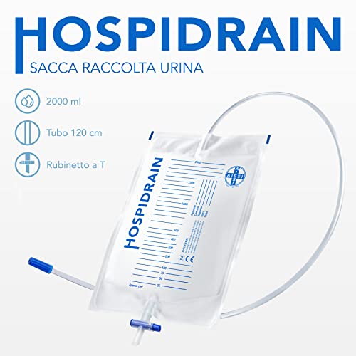 AIESI® Bolsas de orina de 2 litros Tubo 120 cm con Grifo de Descarga Cruzado (T) y válvula antirreflujo HOSPIDRAIN (Paquete de 25 Piezas)