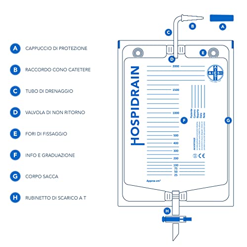 AIESI® Bolsas de orina de 2 litros Tubo 120 cm con Grifo de Descarga Cruzado (T) y válvula antirreflujo HOSPIDRAIN (Paquete de 25 Piezas)