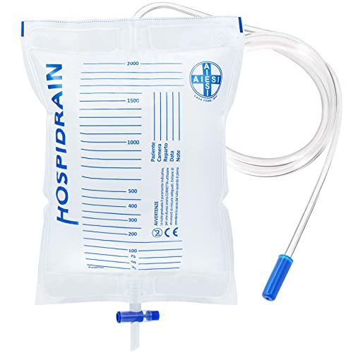 AIESI® Bolsas de orina de 2 litros Tubo 120 cm con Grifo de Descarga Cruzado (T) y válvula antirreflujo HOSPIDRAIN (Paquete de 25 Piezas)