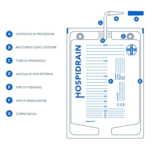 AIESI® Bolsas de orina de 2 litros tubo 120 cm sin descarga desechables HOSPIDRAIN (Paquete de 25 piezas)