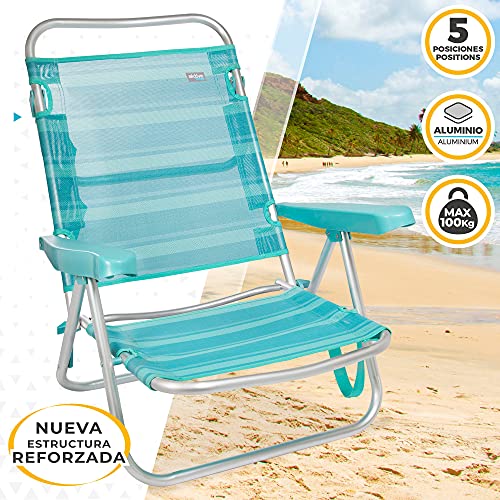 Aktive 53962 - Silla multiposición, Silla de playa plegable, 5 posiciones, 61x43x82 cm, altura del asiento 21 cm, estructura reforzada, color turquesa, con asa de transporte, Aktive Beach