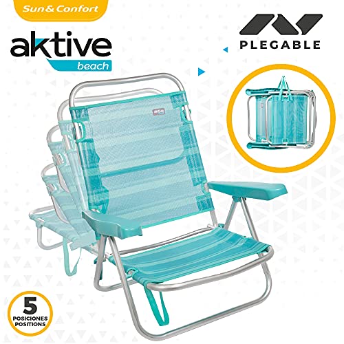 Aktive 53962 - Silla multiposición, Silla de playa plegable, 5 posiciones, 61x43x82 cm, altura del asiento 21 cm, estructura reforzada, color turquesa, con asa de transporte, Aktive Beach