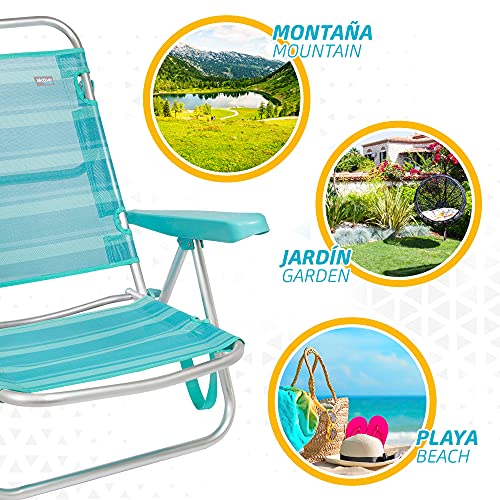 Aktive 53962 - Silla multiposición, Silla de playa plegable, 5 posiciones, 61x43x82 cm, altura del asiento 21 cm, estructura reforzada, color turquesa, con asa de transporte, Aktive Beach