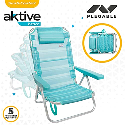 Aktive 53963 - Silla plegable de playa con cojín, Silla multiposición, 5 posiciones, 60x47x83 cm, altura del asiento 21 cm, peso máx 100 kg, estructura reforzada, aluminio y PVC, Aktive Beach