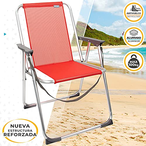 Aktive 53967 - Silla plegable, Silla de playa, mide 53x44x76 cm, color rojo, peso máx 100 kg, Silla resistente, tacos antivuelco, asa de transporte, Silla fija, Aktive Beach