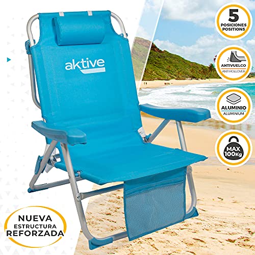 Aktive 53983 - Silla plegable de playa, Silla con cojín, Silla plegable tipo mochila, respaldo reclinable, mide 66x58x80 cm, con dos bolsillos, color azul pastel, Aktive Beach