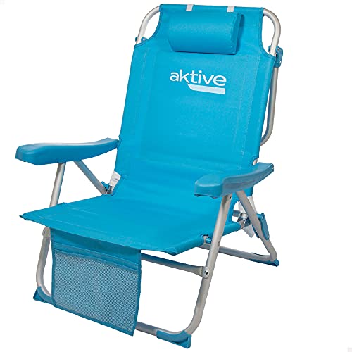 Aktive 53983 - Silla plegable de playa, Silla con cojín, Silla plegable tipo mochila, respaldo reclinable, mide 66x58x80 cm, con dos bolsillos, color azul pastel, Aktive Beach