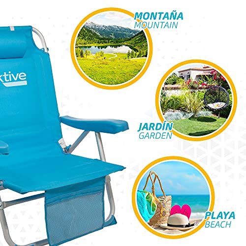 Aktive 53983 - Silla plegable de playa, Silla con cojín, Silla plegable tipo mochila, respaldo reclinable, mide 66x58x80 cm, con dos bolsillos, color azul pastel, Aktive Beach