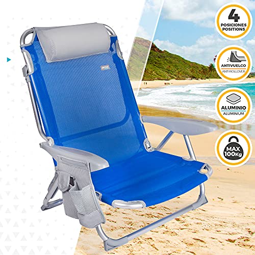 Aktive 62609 - Silla de playa plegable, con cojín, Silla reclinable, 4 posiciones, 62x62x76 cm, altura del asiento 20 cm, asa de transporte, bolsillo lateral, color azul, Aktive Beach