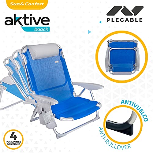 Aktive 62609 - Silla de playa plegable, con cojín, Silla reclinable, 4 posiciones, 62x62x76 cm, altura del asiento 20 cm, asa de transporte, bolsillo lateral, color azul, Aktive Beach