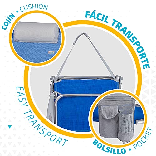 Aktive 62609 - Silla de playa plegable, con cojín, Silla reclinable, 4 posiciones, 62x62x76 cm, altura del asiento 20 cm, asa de transporte, bolsillo lateral, color azul, Aktive Beach