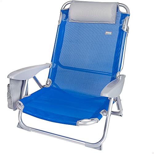 Aktive 62609 - Silla de playa plegable, con cojín, Silla reclinable, 4 posiciones, 62x62x76 cm, altura del asiento 20 cm, asa de transporte, bolsillo lateral, color azul, Aktive Beach